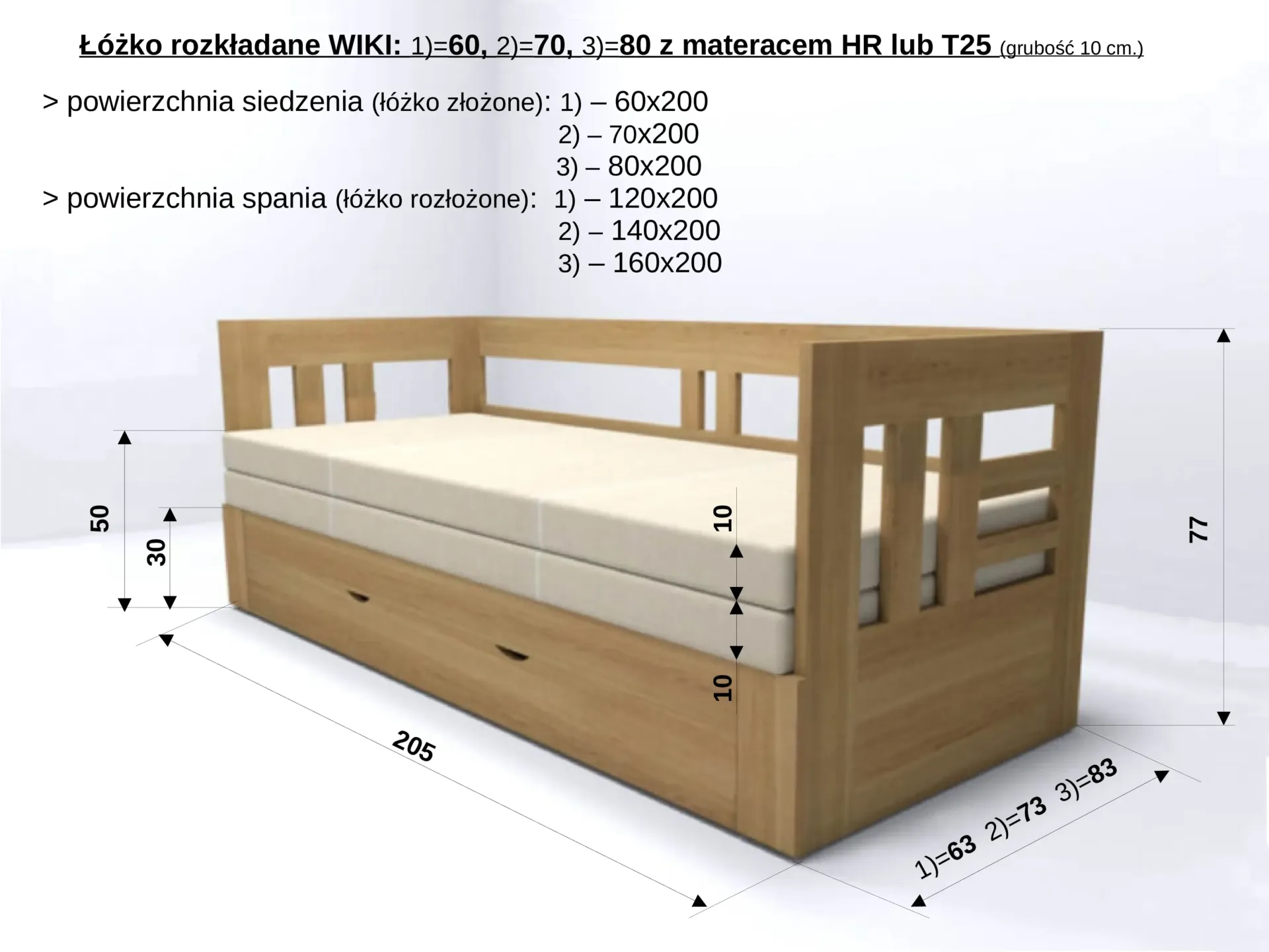 Łóżko Wiki 60,70 i 80 z materacem grub. 10 cm